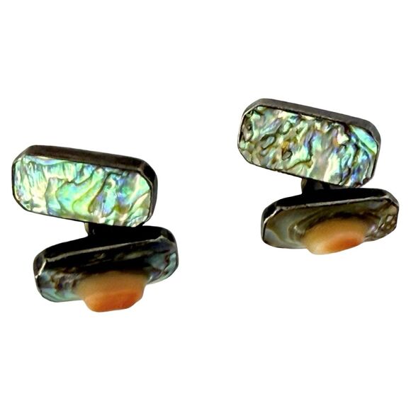 Antique 925 Sterling Silver Men's Cufflinks Abalone Mother Of Pearl Rectangle - Picture 4 of 16